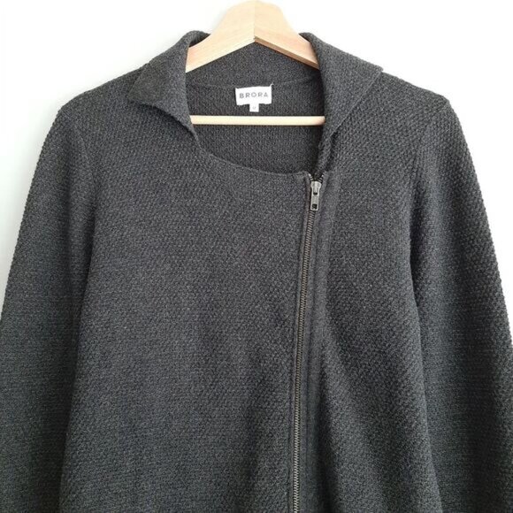 BRORA Merino Cashmere Blend Full Zip Knit Moto Style Cardigan Jacket Grey Sz S - Picture 2 of 15